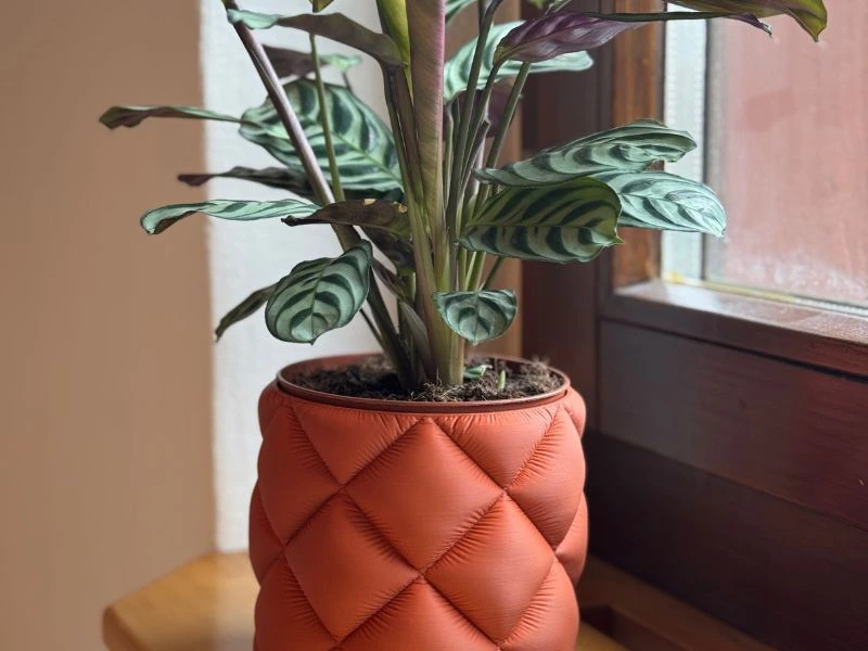 Moderne Vase aus dem 3D-Drucker mit eleganten Rillen und Trockenblumen auf einem Holztisch