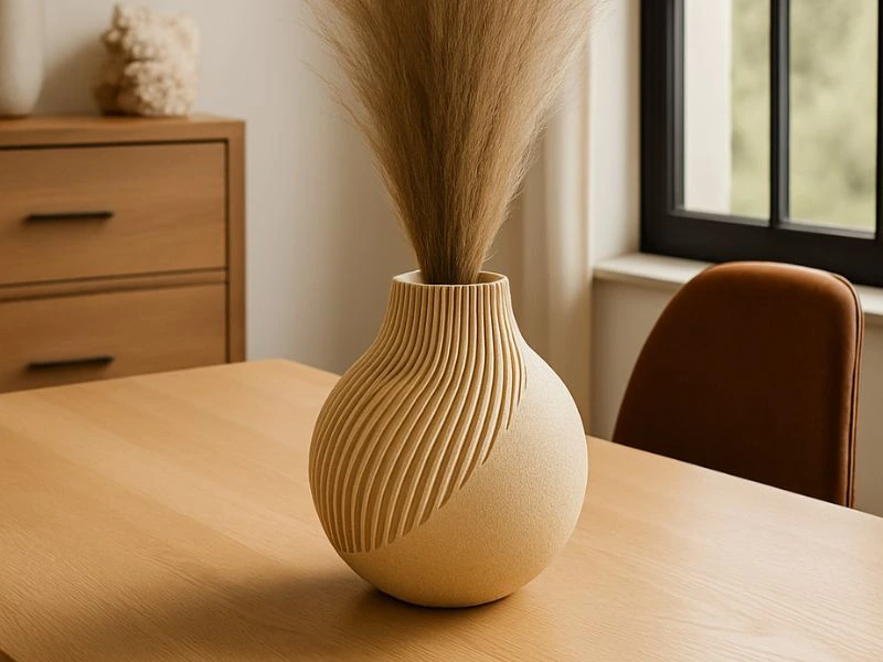 Moderne Vase aus dem 3D-Drucker mit eleganten Rillen und Trockenblumen auf einem Holztisch
