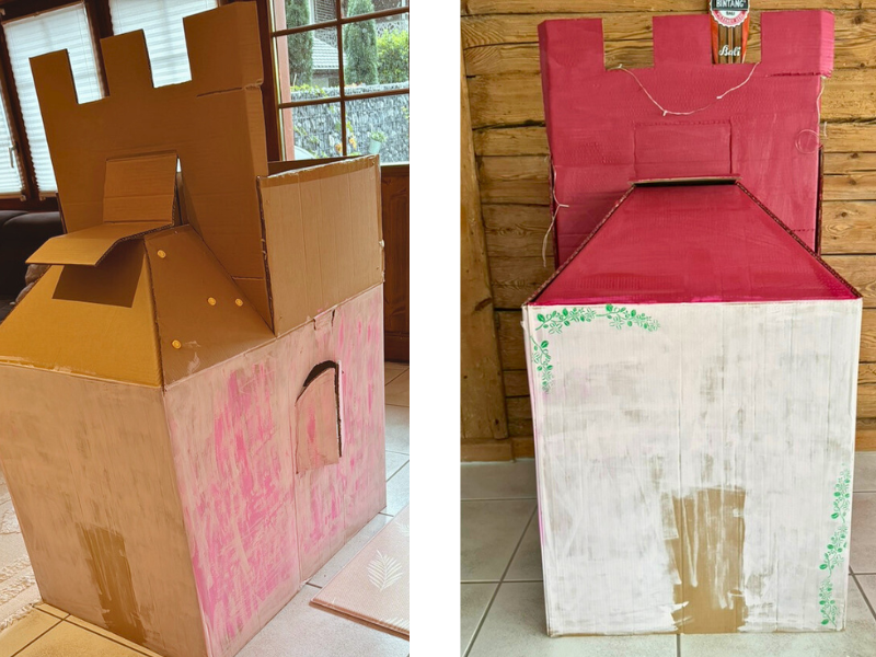 Karton-Burg im Bau und fertig bemalt, erstellt mit 3D-gedruckten Tools für Kinder