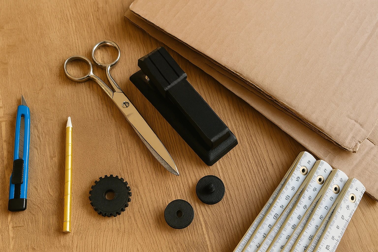 Bastelmaterialien für den Ritterhelm: Karton, Schere, Kleber und 3D-gedruckte Zubehörteile.