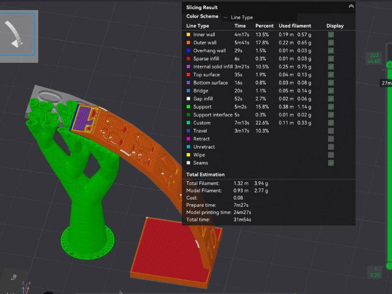 Bambu Studio Slice-Preview mit farbig markierten Druckbereichen – grüne Baumstützstrukturen und Slicing-Statistik.