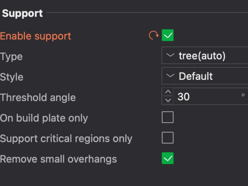 Screenshot der Support-Einstellungen in Bambu Studio – Aktivierte Baumstützstrukturen mit Schwellenwinkel 30°.