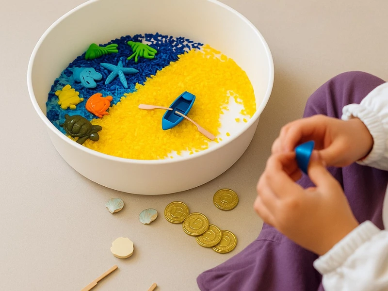 sensorik-spieltablett-3d-druck-kind-spielt2 Kind spielt mit Sensorik Spieltablett aus dem 3D-Drucker – Schatzsuche mit Reis, Boot und Münzen