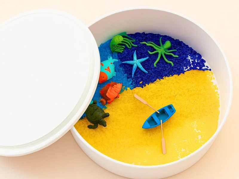 sensorik-spieltablett-3d-druck-kind-spielt3 Sensorik Spieltablett 3D-Druck mit farbigem Reis, Meerestieren und Boot – kreative Spielidee für Kinder