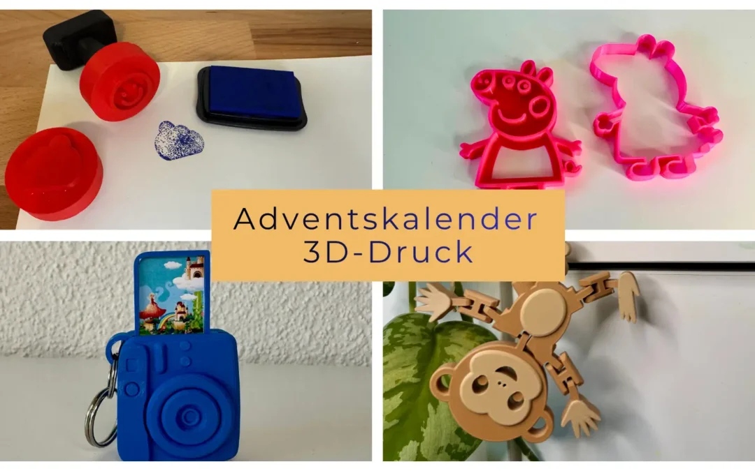 Collage mit vier 3D-gedruckten Projekten für den Adventskalender: rote Stempel, pinke Ausstechformen, blauer Kamera-Schlüsselanhänger und beweglicher Affe aus dem 3D-Drucker. In der Mitte steht der Text „Adventskalender 3D-Druck“.