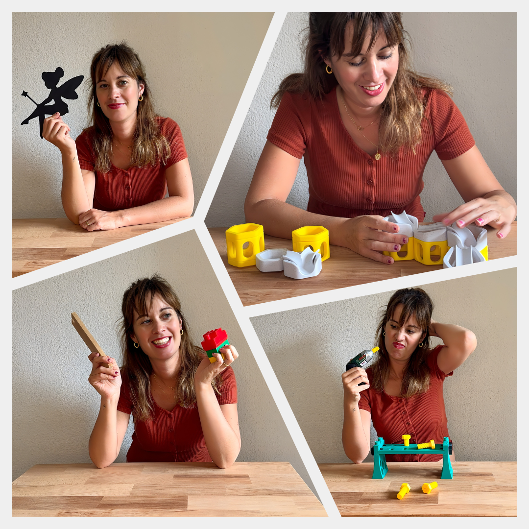 Nicole von BuildPlay3D – 3D-Druck für Familien Collage von Nicole, Gründerin von BuildPlay3D: lachend und kreativ mit 3D-gedruckten Objekten, Werkzeug und humorvollen DIY-Momenten