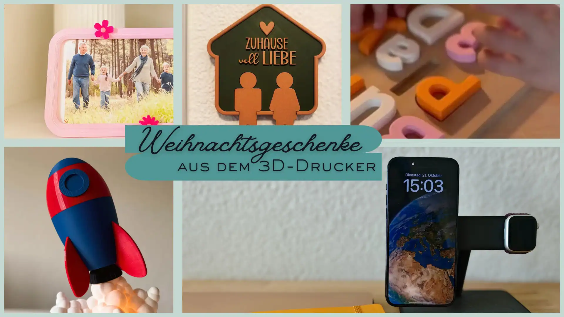 3D-gedruckte Weihnachtsgeschenke: personalisierter Bilderrahmen, Schlüsselbrett, Namenspuzzle, Raketenlampe und Lithophane als kreative Geschenkideen.
