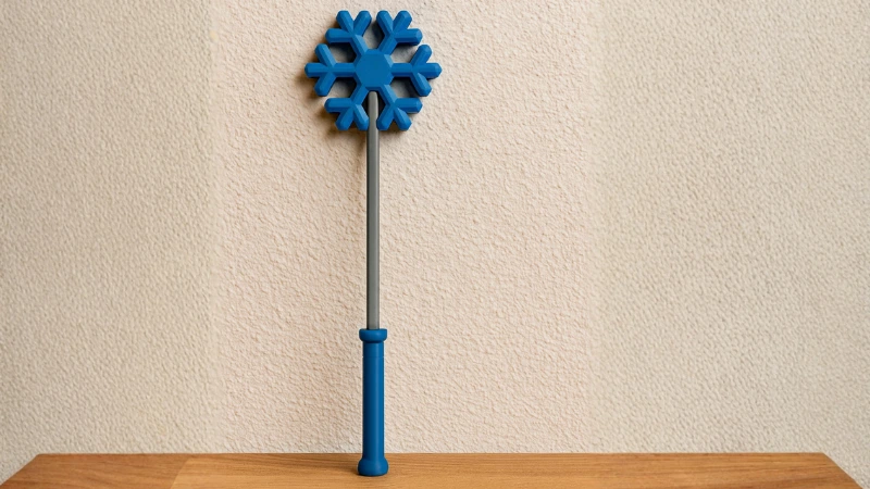 3D-gedruckter Schneeflockenstab in Blau und Grau, stehend vor neutralem Hintergrund, fotografiert für den Blog BuildPlay3D.