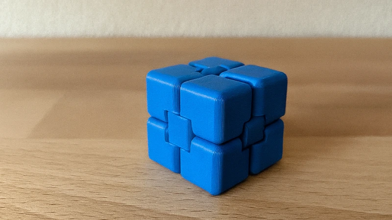 3D-gedruckter blauer Fidget Infinity Cube aus PLA auf hellem Holztisch – endlos drehbarer Würfel als Entspannungs- und Spielidee aus dem Adventskalender 3D-Druck Teil 2 von BuildPlay3D.