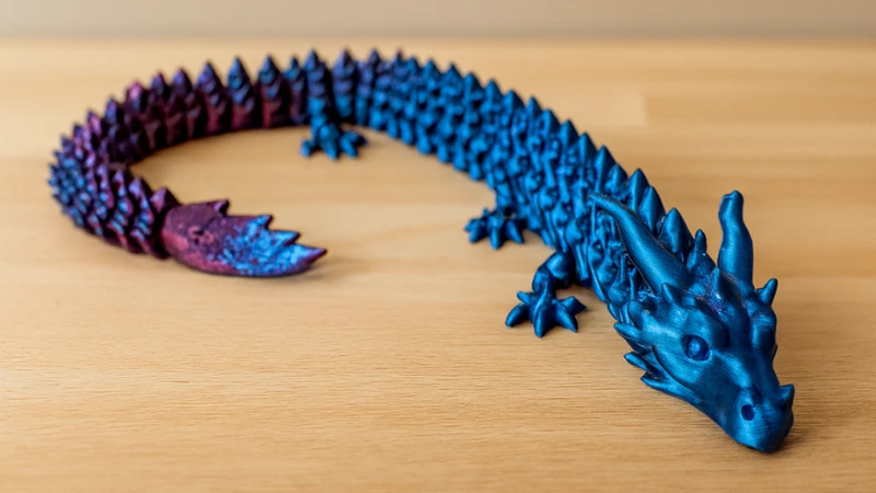 Flexi-Drache-XXL 3D-gedruckter Flexi-Drache XXL aus metallisch schimmerndem Filament in Blau-Violett auf hellem Holztisch – bewegliches 3D-Druck-Modell mit Gelenken aus dem Adventskalender 3D-Druck Teil 2 von BuildPlay3D.
