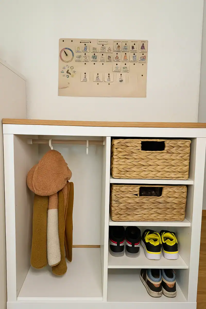 Organisierte Kinder-Garderobe mit IKEA-Kallax-Regal, Holzabdeckung, Flechtkörben, Schuhablage und Wochenplan an der Wand.