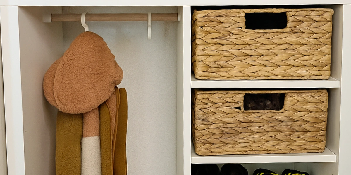 Detailaufnahme der 3D-gedruckten S-Haken Weiße 3D-gedruckte S-Haken an einer Holzstange, an denen eine kuschelige Kinderjacke hängt.