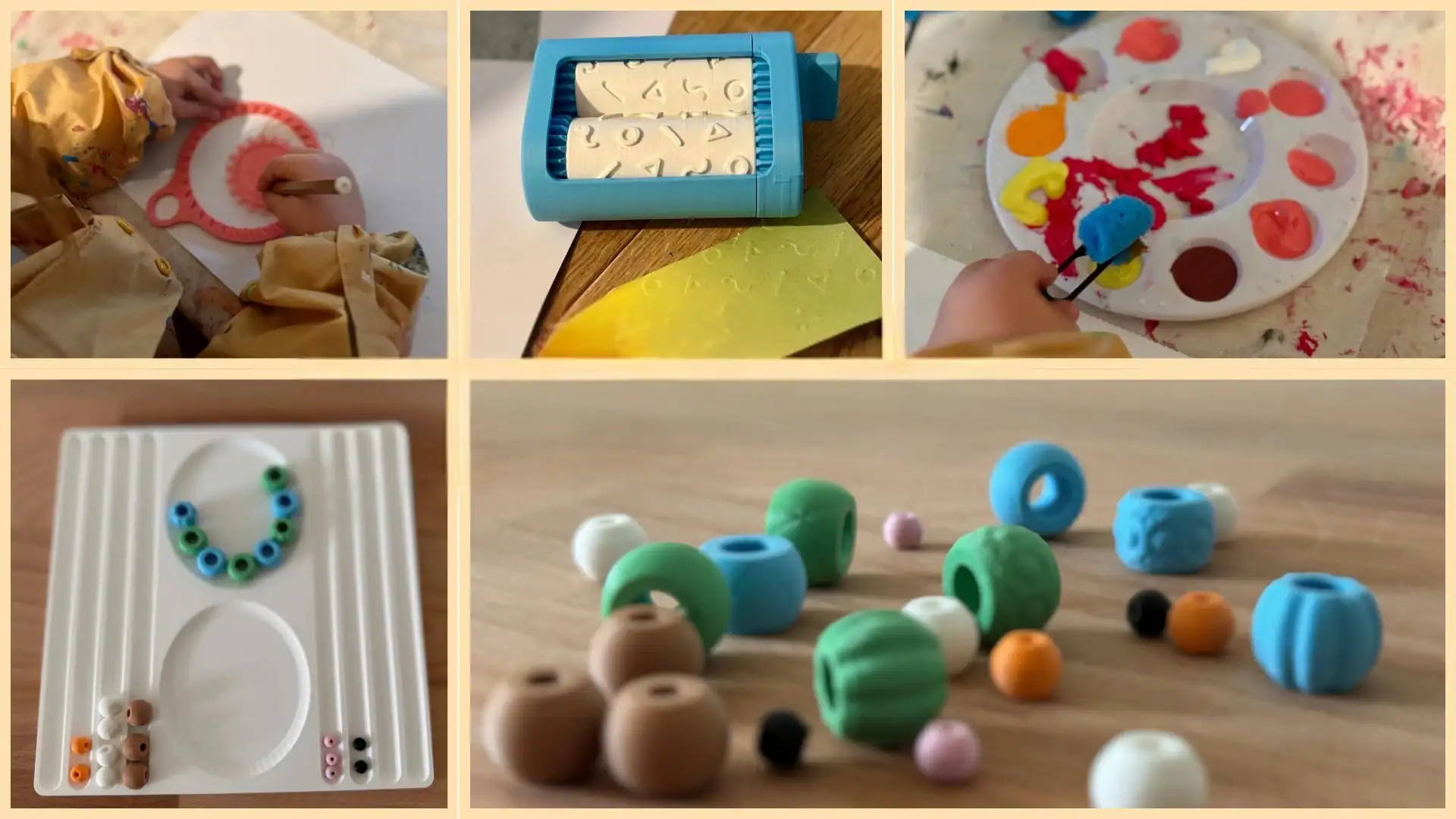 Collage mit 12 Bastelideen aus dem 3D-Drucker: Kinder beim Malen, Stempeln und Formen sowie 3D-gedruckte Perlen, Werkzeuge und Bastelunterlagen in sanften Farben.