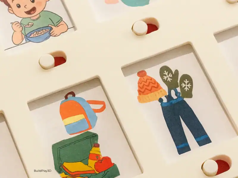 Montessori 3D-Druck Routine-Tracker aus PLA mit austauschbaren Tagesroutine-Bildern und Schiebereglern, auf einem Holztisch liegend – zeigt typische Morgenaktivitäten für Kinder.