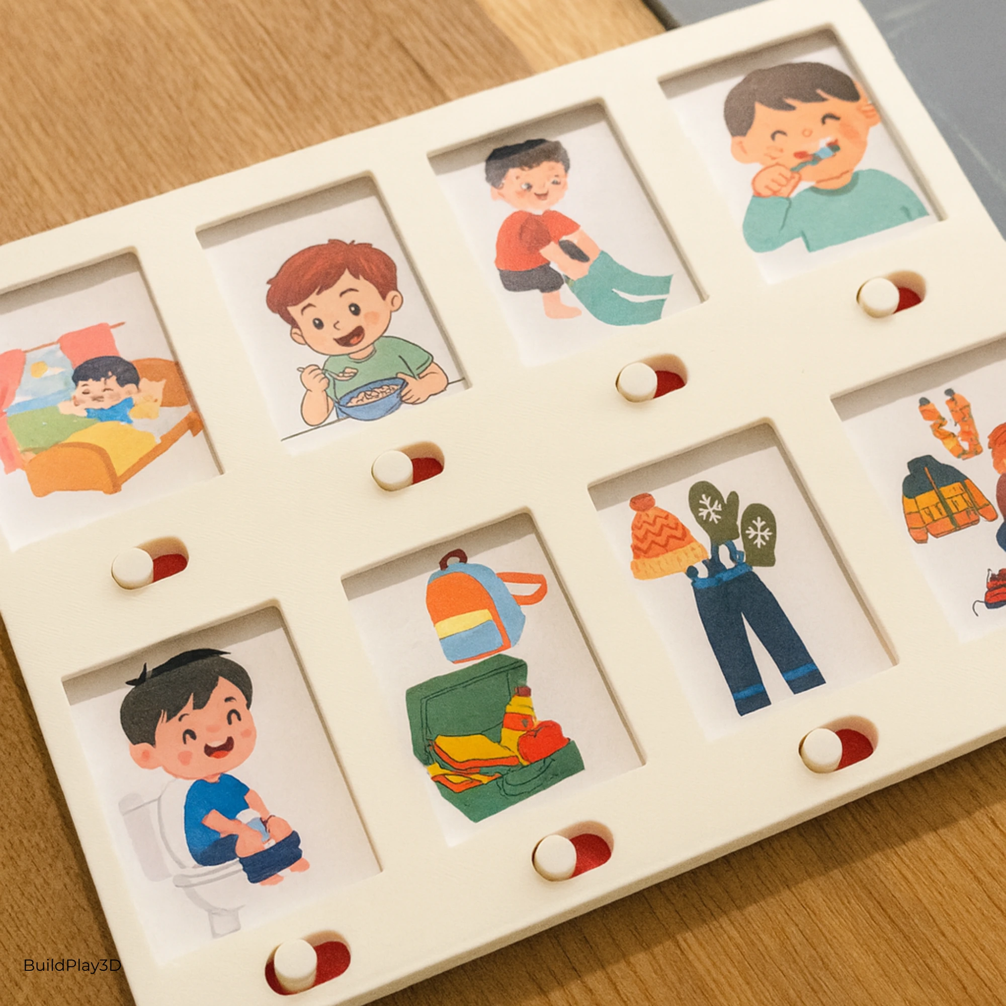 Montessori 3D-Druck Routine-Tracker für Kinder Montessori 3D-Druck Routine-Tracker aus PLA mit austauschbaren Tagesroutine-Bildern und Schiebereglern, auf einem Holztisch liegend – zeigt typische Morgenaktivitäten für Kinder.