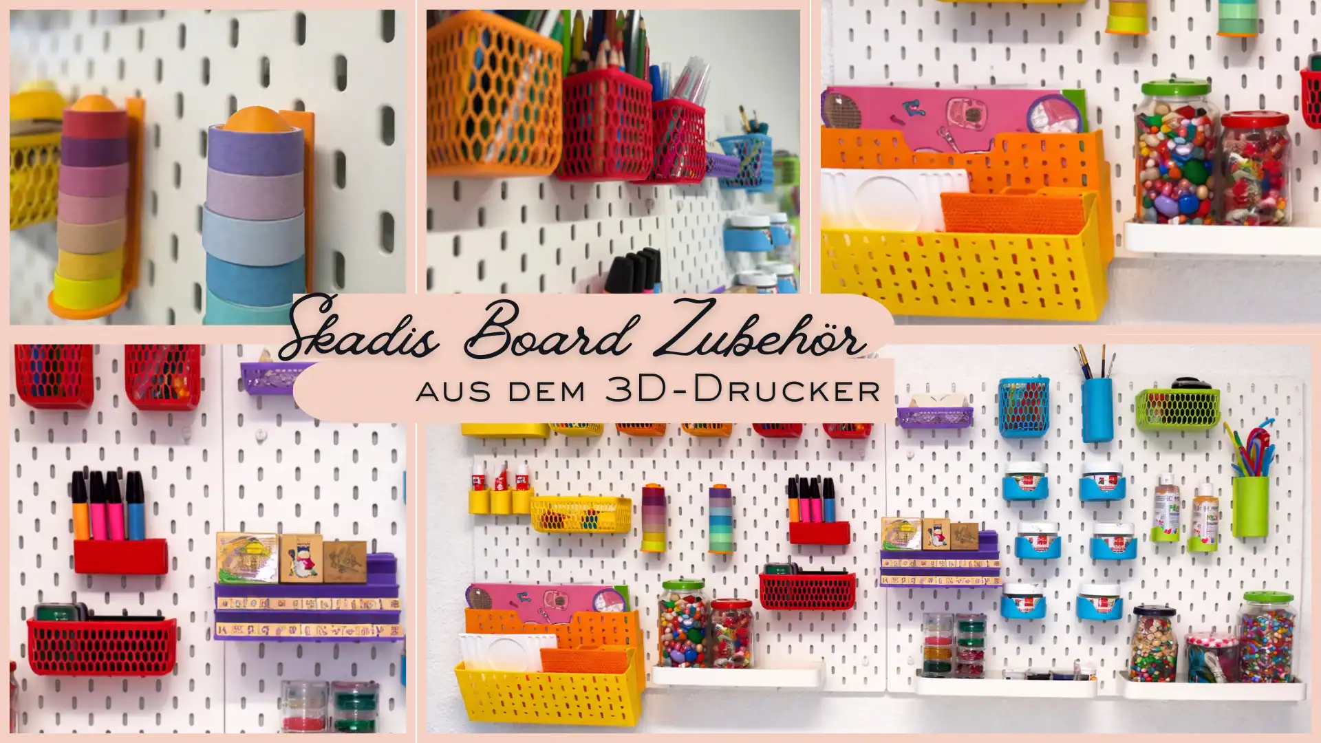 Skadis Board Zubehör aus dem 3D-Drucker für Kinder – organisierte Bastelecke mit farbigen Haltern für Stifte, Farben und Bastelmaterial