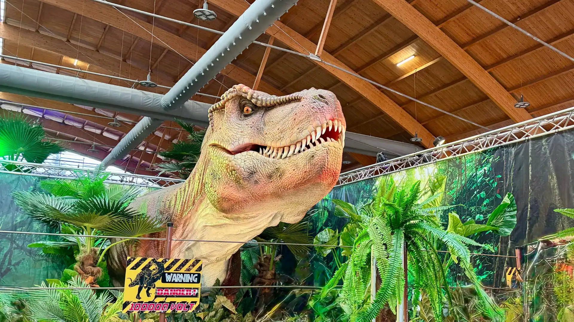 Realistischer T-Rex Dinosaurier in Indoor-Deko für einen Dino Geburtstag mit Pflanzen und Urzeit-Atmosphäre
